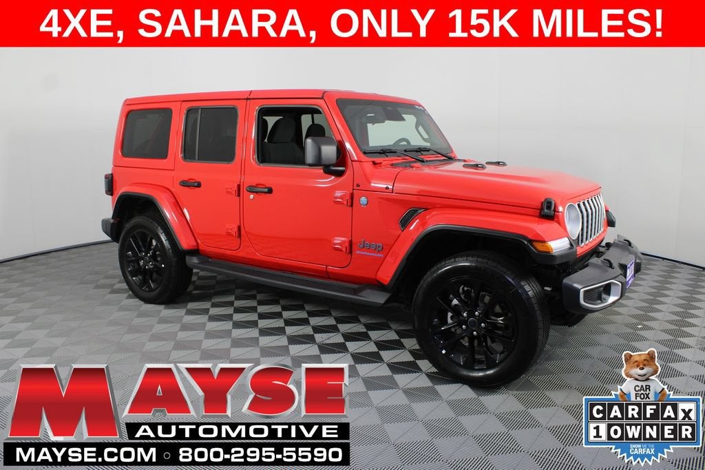 2025 Jeep Wrangler 4xe Sahara in Red/Sahara/4Xe — front three-quarter view