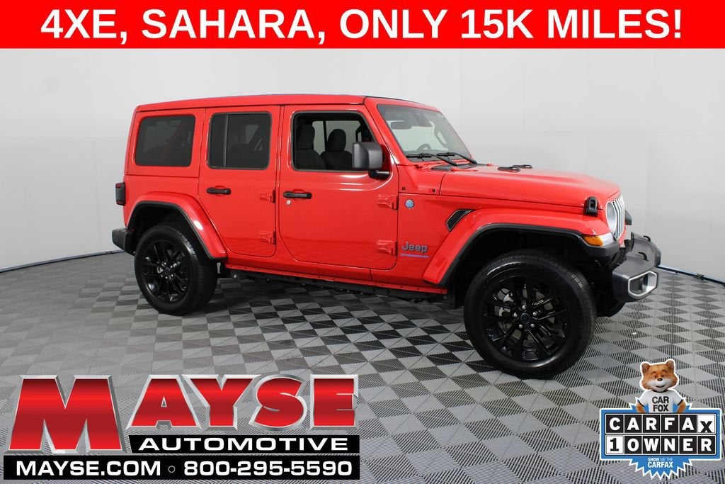 2025 Jeep Wrangler 4xe Sahara in Red/Sahra/4Xe — front three-quarter view
