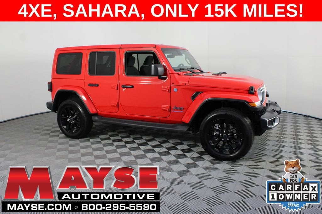 2025 Jeep Wrangler 4xe Sahara in Red/Sahara/4Xe — front three-quarter view