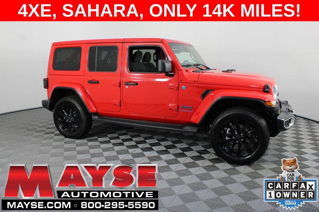 2025 Jeep Wrangler 4xe Sahara in Red/Sahara/4Xe — front three-quarter view