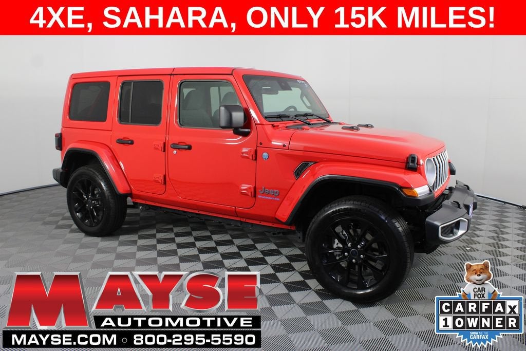 2025 Jeep Wrangler 4xe Sahara in Red/Sahara/4Xe — front three-quarter view