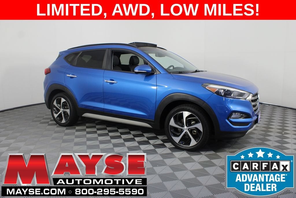 2018 Hyundai Tucson Limited in Aqua Blue — front three-quarter view